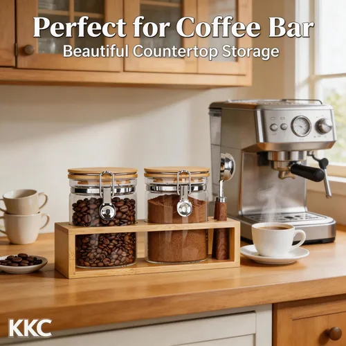 Vista 3 de KKC - Juego de 2 recipientes herméticos para café con cucharas y tapas de bambú, tarro de café de vidrio de 27 onzas para café molido y granos