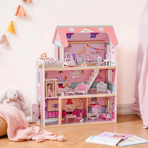 Vista 8 de ROBUD Casa de madera para muñecas, juego de casa de muñecas con 24 piezas de accesorios exquisitos, ascensor que funciona, regalo para niños de 3