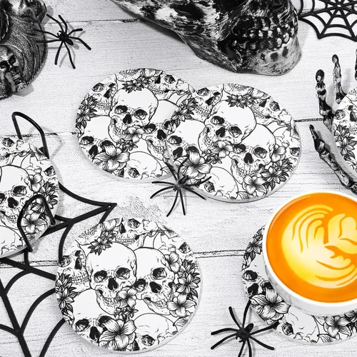 Vista 5 de Whaline 6 posavasos de cerámica de Halloween con soporte de hierro, diseño floral de calavera, tapete absorbente para taza, taza, hogar, cocina