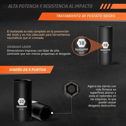 Vista 5 de SUZUME Juego de llaves de impacto de 3/8, acero Cr-V, 6 puntas, accionamiento de 3/8", 50 piezas métricas estándar (8-22mm) y SAE