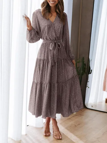 Vista 4 de PRETTYGARDEN - Vestido largo de manga larga con cuello en V y volantes florales para primavera, para mujer, casual, con lazo en la cintura, bohemio