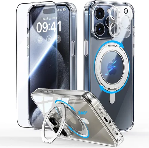Vista 4 de JUESHITUO Funda 3 en 1 para iPhone 15, soporte de anillo magnético giratorio de 360° con [sonido de amortiguación giratorio]