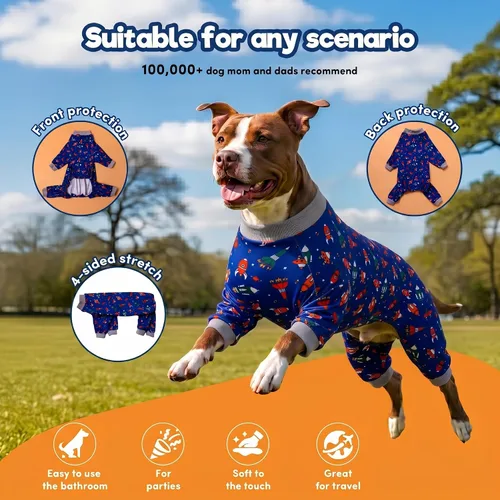 Vista 2 de LovinPet Pijama grande para perros, estampado de cohete y nave espacial azul marino, camiseta ligera y elástica para perros grandes, pijamas