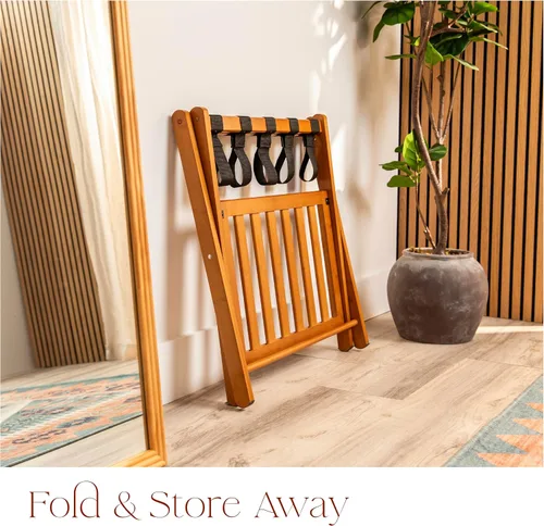 Vista 8 de Estante plegable de bambú de nogal totalmente ensamblado para habitación de invitados, soporte plegable de maleta de 26.75 pulgadas con bolsa