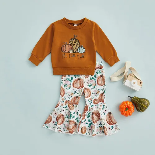 Vista 2 de Madjtlqy Conjunto de ropa de Halloween para bebé niña con estampado de calabaza con estampado de calabaza, camiseta de manga larga + pantalones
