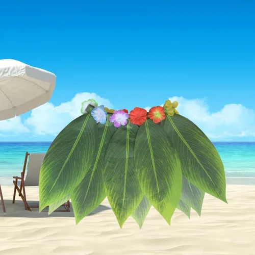 Vista 4 de Faldas de hierba hawaiana verde, falda de hojas de playa para niños y niñas, disfraz hawaiano para baile, disfraz de fiesta de Halloween