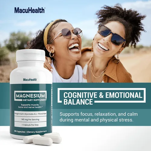 Vista 3 de MacuHealth Glicinato de magnesio y L-treonato 145mg - 90 cápsulas - Magnesio altamente absorbible para energía, calma y enfoque - Suave