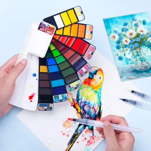 Vista 7 de Juego de pintura de acuarela, 42 colores surtidos con 3 pinceles, juego de bocetos de campo de acuarela plegable perfecto para pintura al aire libre