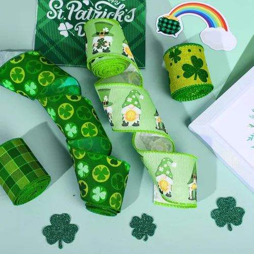 Vista 5 de Whaline Cinta de borde con alambre del día de San Patricio, trébol verde, gnomo, tela a cuadros, para envolver manualidades irlandesas