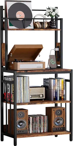 Vista 8 de IRONCK Soporte para tocadiscos, almacenamiento de discos de vinilo de 2 niveles, mesa grande para tocadiscos con estación de carga, soporte
