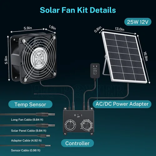 Vista 14 de HG Power Ventilador solar de 25 W para gallinero con termostato 24/7