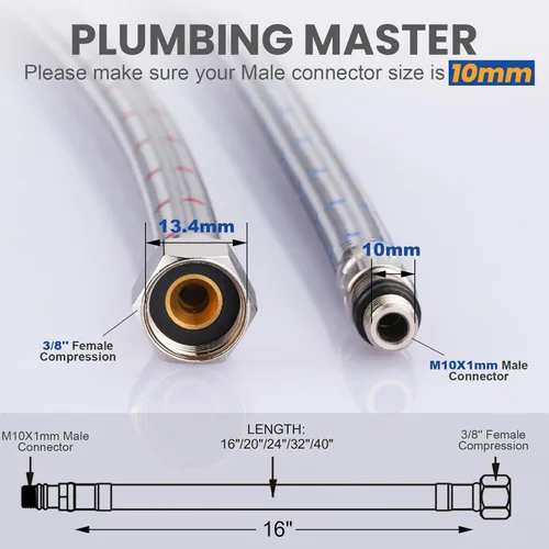 Vista 2 de Líneas de suministro de rosca de compresión hembra de 3/8 pulgadas × conector macho M10 1 par, manguera de grifo ARCORA de 16 pulgadas conecta