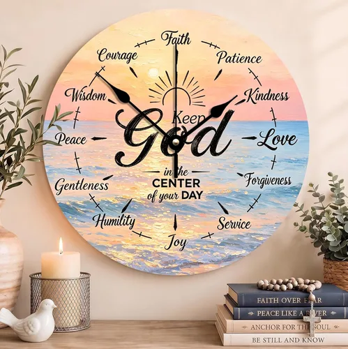 Vista 43 de Reloj de pared con versículo bíblico, con cita religiosa, reloj de madera, texto inspirador cristiano, reloj de madera rústico personalizado