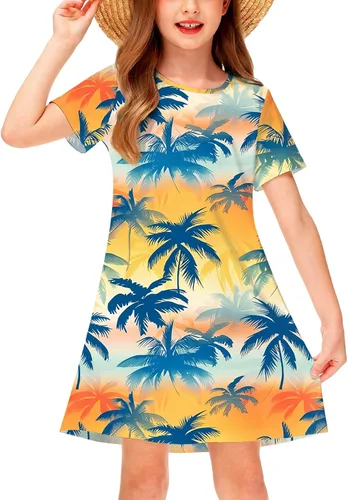 Vista 14 de Deerose Kids Summer Short Sleeve Dresses Hawaiian Tshirt Sundress 3-14 Years Coconut trees