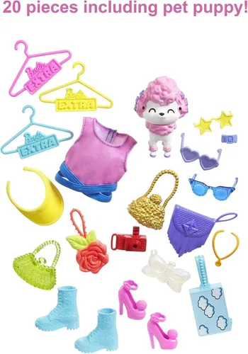 Vista 7 de Barbie Juego de moda extra sorpresa con 20 piezas, incluyendo caniche para mascotas, armario y función de botón que dispensa accesorios de moda