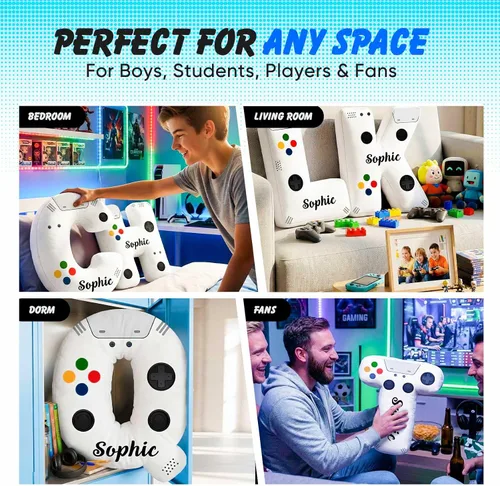Vista 4 de Almohada personalizada con letras del alfabeto con control personalizado, nombre personalizado e inicial, cojín decorativo de felpa suave