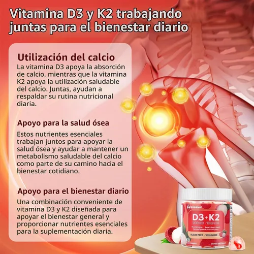 Vista 3 de Gomitas de vitamina D3 K2 con magnesio sin azúcar, 60 unidades Vitamina D3 5,000 UI + K2 (MK-7) 100 mcg - Suplemento de vitamina K2 D3 vegano