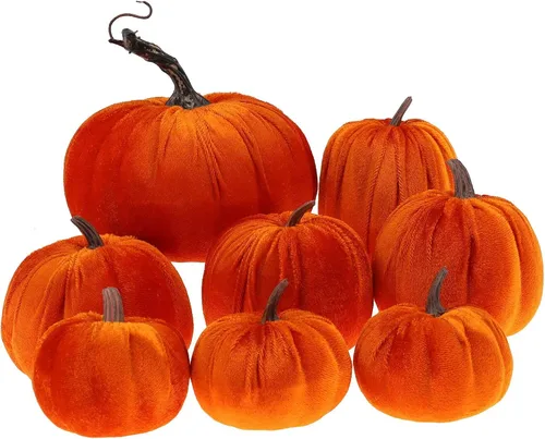 Vista 9 de Gresorth 8 calabazas artificiales de terciopelo champán hechas a mano de varios tamaños, decoración de Halloween para el hogar, cocina, granja