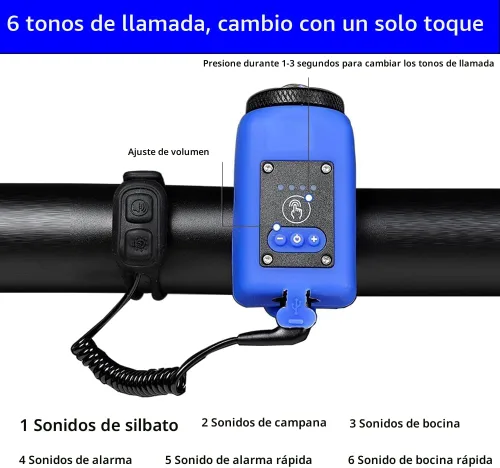 Vista 5 de Bocina de Bicicleta Eléctrica Luz de Bicicleta 2 en 1; Bocina de Bicicleta de 110 dB 5 Modos de Sonido con Batería Recargable Luz de Bicicleta