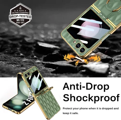 Vista 3 de Miimall Con protector de pantalla compatible con Samsung Z Flip 5, funda de cuero con soporte de anillo, cubierta trasera de cuero romboide de lujo