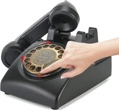 Vista 2 de Teléfono retro rotativo, antiguo teléfono fijo con cable antiguo de los años 50, teléfono de pared clásico de escritorio para decoración de oficina