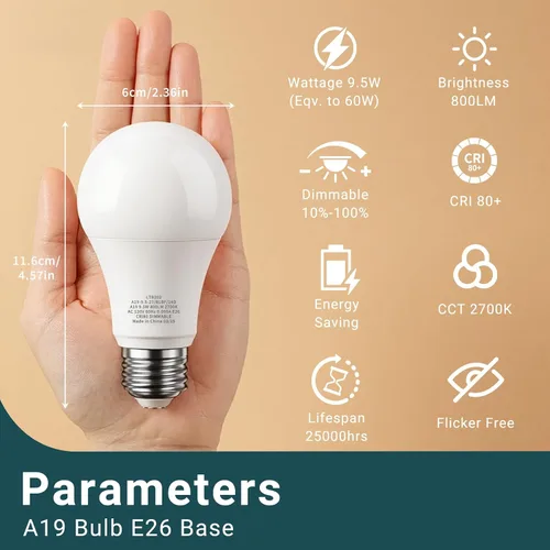 Vista 2 de Bombillas LED regulables, bombilla LED equivalente a 60 W, 2700K luz blanca suave, 9.5 W, 800 lúmenes, base estándar E26, CRI80+, bombilla