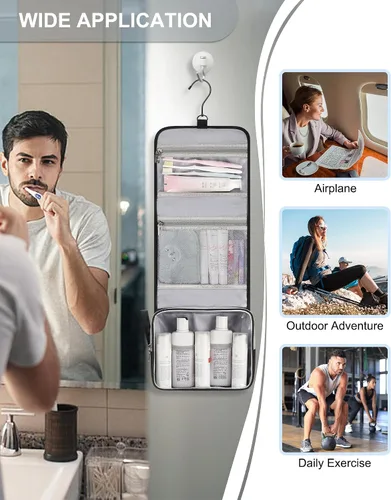 Vista 6 de Pequeña bolsa de aseo colgante para hombres y mujeres, organizador colgante portátil para kit de ducha de tamaño de viaje, accesorios de maquillaje
