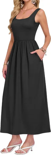 Vista 2 de AUSELILY Vestido largo con cuello cuadrado para mujer, sin mangas, floral, holgado, con bolsillos