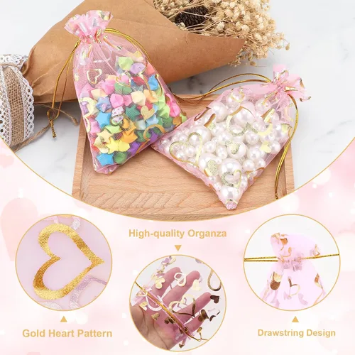 Vista 4 de G2PLUS - Bolsas de organza de corazón, 50 bolsas de regalo con cordón transparente de 4 x 6 pulgadas Pink Mesh Bags with Gold Foil Hearts for