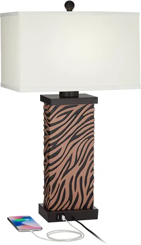 Vista 3 de 360 Lighting Juego de 2 lámparas de mesa modernas con puerto de carga USB de 27 pulgadas de alto, madera sintética de cebra, pantalla rectangular
