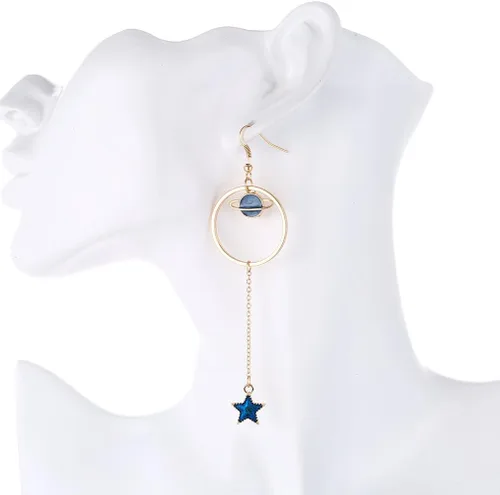 Vista 4 de SUNSCSC Aretes largos con forma de estrella con luna esmaltada para mujer y niña