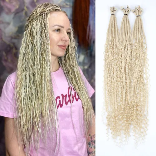 Vista 37 de Extensiones de rastas trenzadas bohemias de 24 pulgadas, 10 hebras de rastas sintéticas rizadas color marrón degradado con trenza de caja, rastas