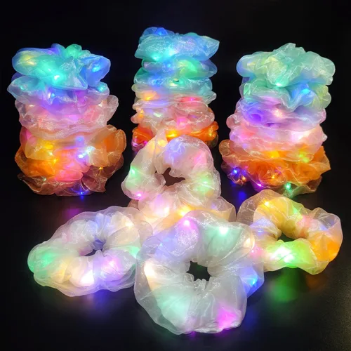 Vista 11 de Scrunchies LED, 18 piezas multicolor que brillan en la oscuridad suministros de fiesta, recuerdo de fiesta de neón, accesorios de festival rave