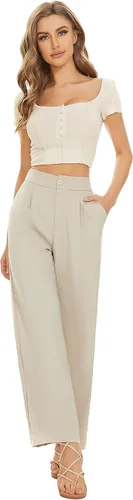 Vista 4 de FUNYYZO Pantalones de lino de cintura alta de pierna ancha para mujer, pantalones casuales de trabajo con cintura elástica