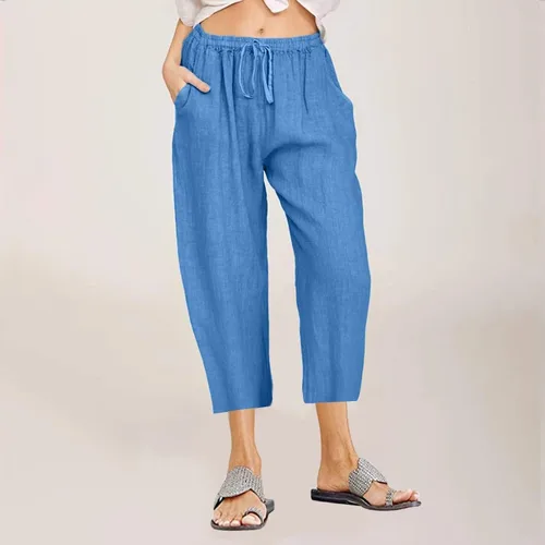 Vista 4 de YOLAI Pantalones capri para mujer, estilo casual, de verano, con cordón elástico, cintura alta, de lino, recto, pierna ancha, pantalones recortados