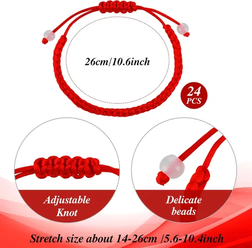 Vista 2 de Yolev 24 pulseras de cuerda roja con amuleto de protección de cordón rojo, hechas a mano, pulsera de la amistad anudada, cábala de la suerte