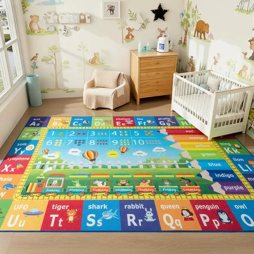 Vista 9 de ST. BRIDGE Alfombra Educativa para Niños para Sala de Juegos 3x5 Pies, Alfombra de Juego Antideslizante con Alfabeto ABC, Números y Animales