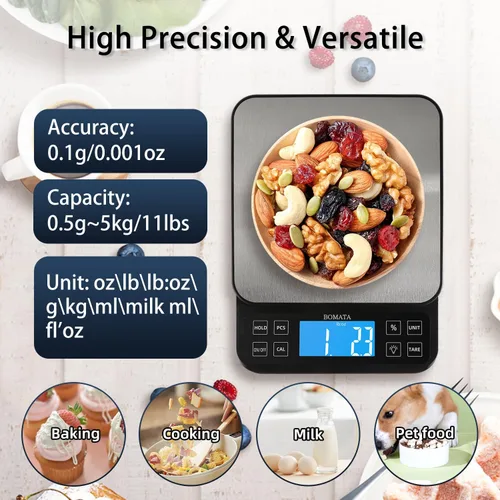 Vista 3 de BOMATA Báscula de cocina grande con alta precisión de 0.1 g/0.001 oz, báscula de panadería de 5 kg/11 lb con % de función de porcentaje, recargable