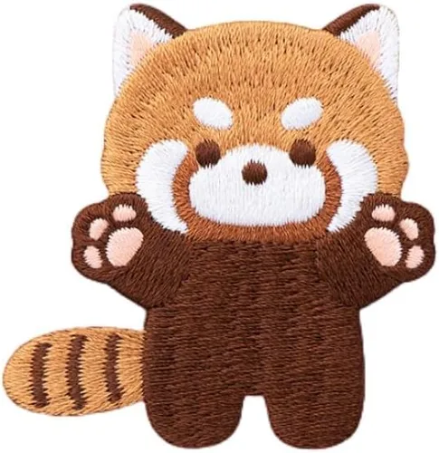 Vista 4 de Parche bordado de panda rojo de dibujos animados, autoadhesivas, parches de mapache pequeño, calcomanías de tela para coser sin costura para ropa