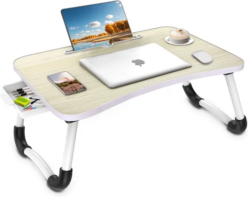 Vista 9 de Fayquaze - Escritorio portátil plegable para cama con cajón de almacenamiento y portavasos - Escritorio de regazo para portátil, soporte y bandeja
