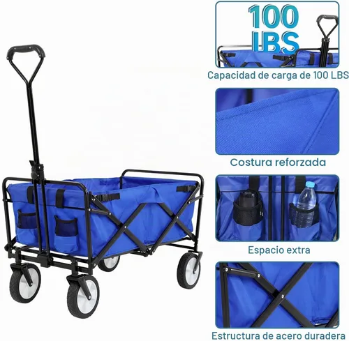 Vista 2 de Carrito plegable portátil plegable para playa, carrito de deportes al aire libre, camping, carrito de utilidad resistente con asa ajustable