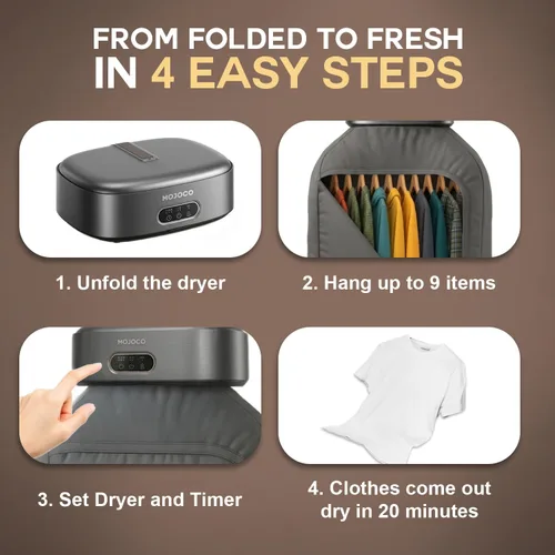 Vista 7 de MOJOCO Portable Clothes Dryer - Mini/Compact Dryer for Apartment, RV, Travel - Small Quiet Fast-Drying Machine with Adjustable Timer & Hassle-Free