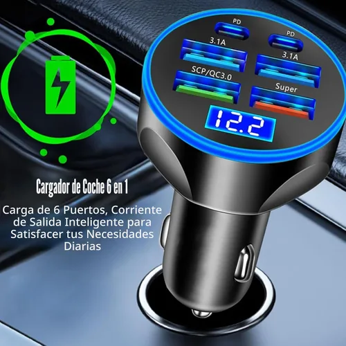 Vista 7 de Adaptador De Carga Súper Rápida USB C Para Coche Y Teléfono 6 En 1 Con Pantalla De Voltaje 250W Carga USB De Encendedor De Cigarrillos De Múltiples