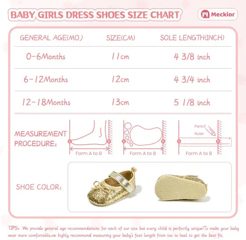 Vista 6 de Meckior Zapatos deportivos para bebé y niñas, suela suave, con lazo, princesa, vestido de boda, Mary Jane, planos, para recién nacidos, ligeros