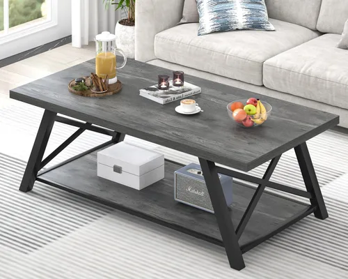 Vista 10 de EXCEFUR Mesa de centro moderna, mesa central rectangular para sala de estar con estante de almacenamiento, mesa de té de cóctel industrial de madera