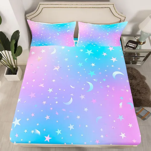 Vista 2 de Sábana bajera de galaxia tamaño individual, juego de ropa de cama con purpurina degradado para niños, niñas, niños y mujeres, decoración
