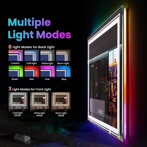 Vista 3 de Snowdool - Espejo LED para baño de 36 x 36 pulgadas con 8 luces RGB retroiluminadas + 3 luces frontales (ajustables individualmente), espejo de 3