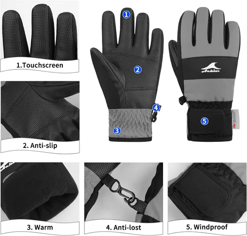 Vista 2 de Achiou Guantes de esquí para niños, guantes de nieve impermeables de invierno para niños, guantes de snowboard cálidos para pantalla táctil