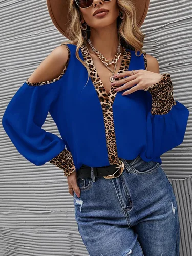 Vista 3 de Romwe Blusa de manga abombada con cuello en V y hombros descubiertos para mujer