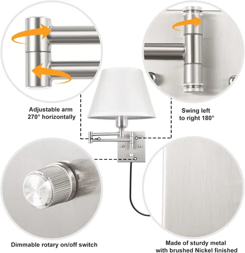 Vista 4 de TRLIFE Aplique de pared enchufable, juego de 2 lámparas de pared regulables con brazo oscilante de níquel cepillado, cable de enchufe y interruptor
